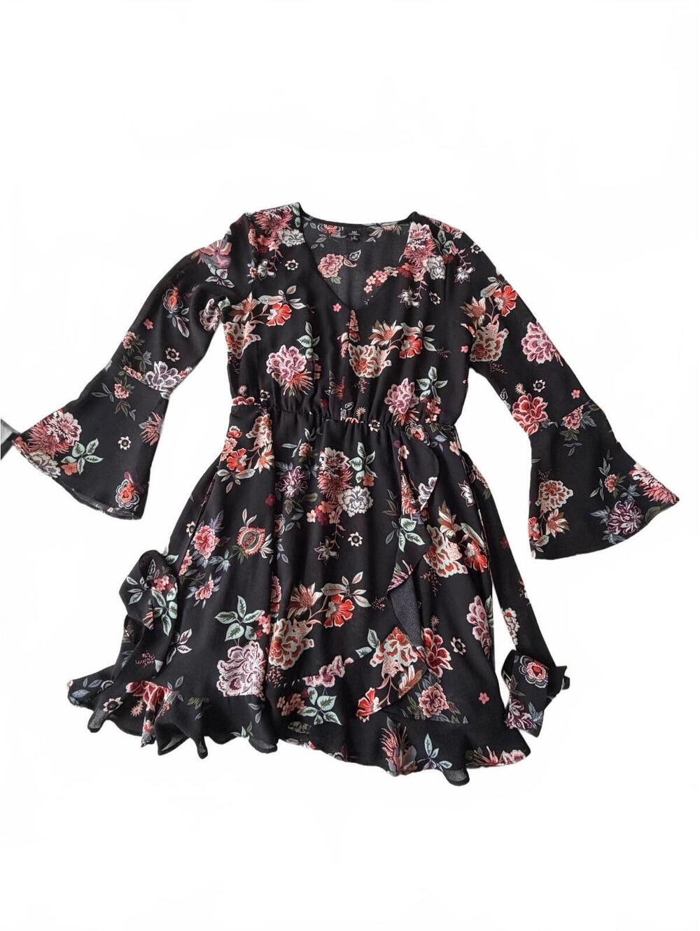 Black Floral Bell Sleeve Mini Dress, Size M, V-Neck Wrap Skirt with Tie Waist